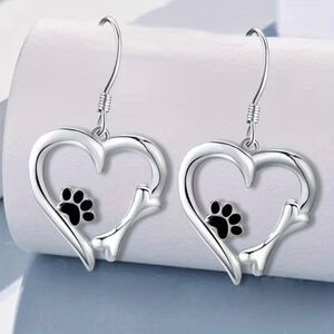Silver Heart Paw Print Drop Earrings Dangle Bones Pendant Lghtwt Charm Dog Puppy